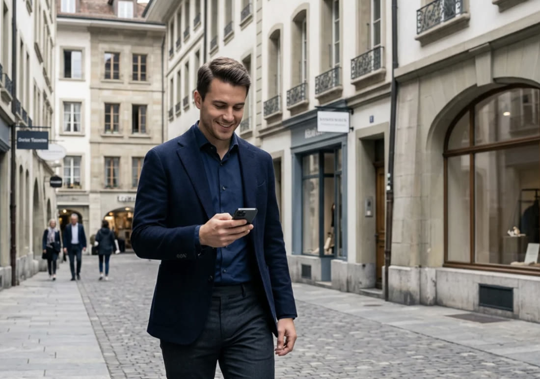 Agent von NordPixel mit Smartphone in der Luzerner Altstadt