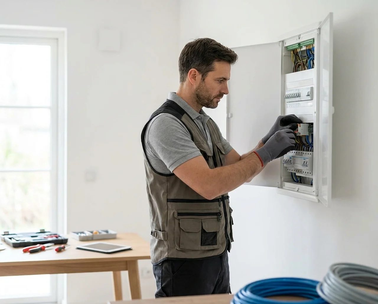 Elektriker bei der Arbeit am Sicherungskasten – NordPixel Website für Elektrobetriebe