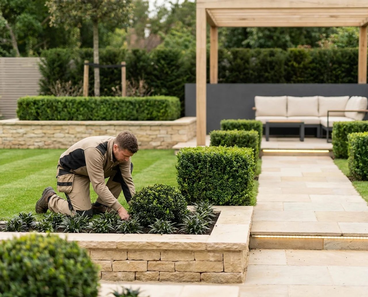Gärtner bei der Gartengestaltung mit Terrasse und Hecken – NordPixel Website für Gartenbau-Betriebe