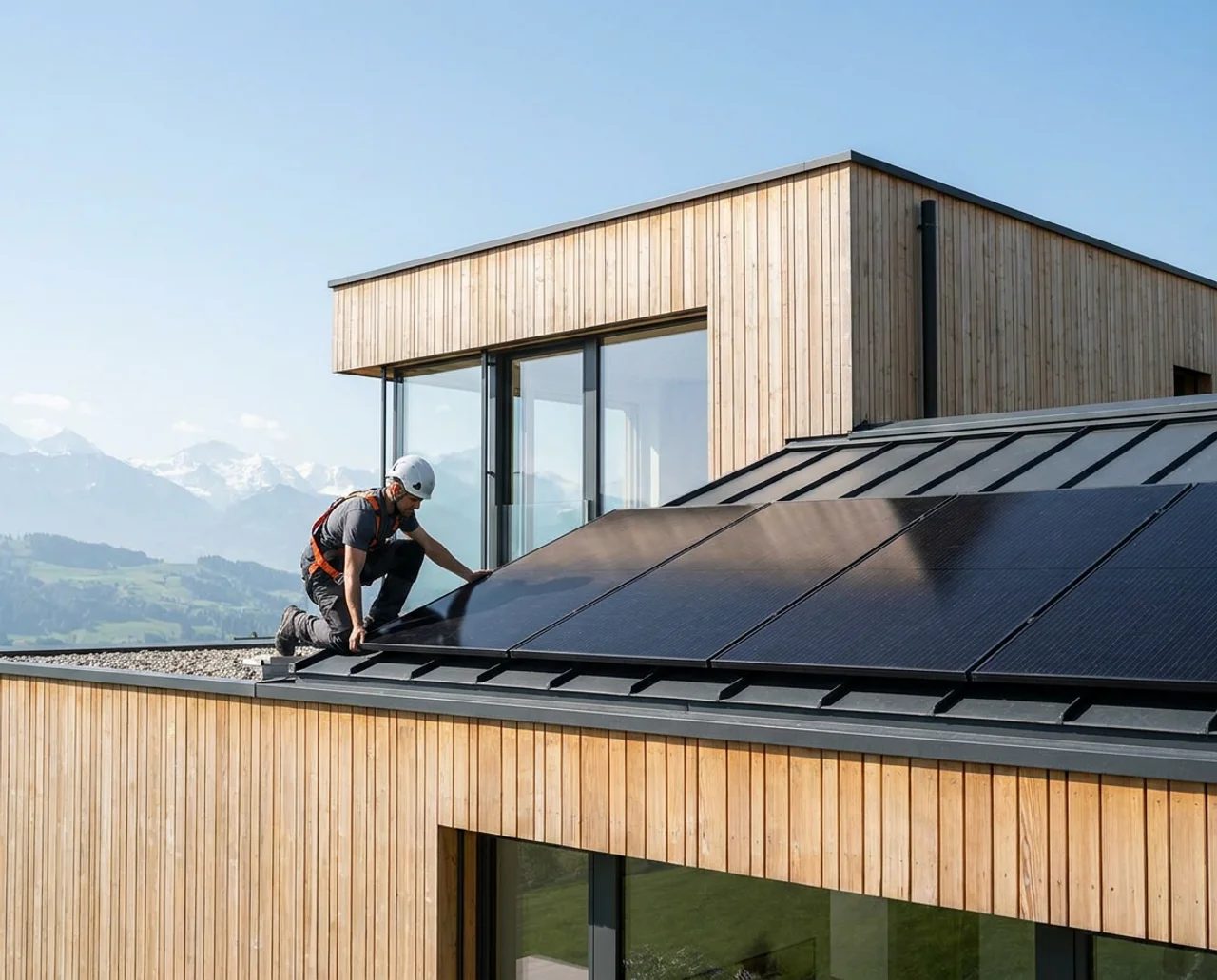 Monteur installiert Photovoltaik-Anlage auf einem Schweizer Haus – NordPixel Website für Solarunternehmen